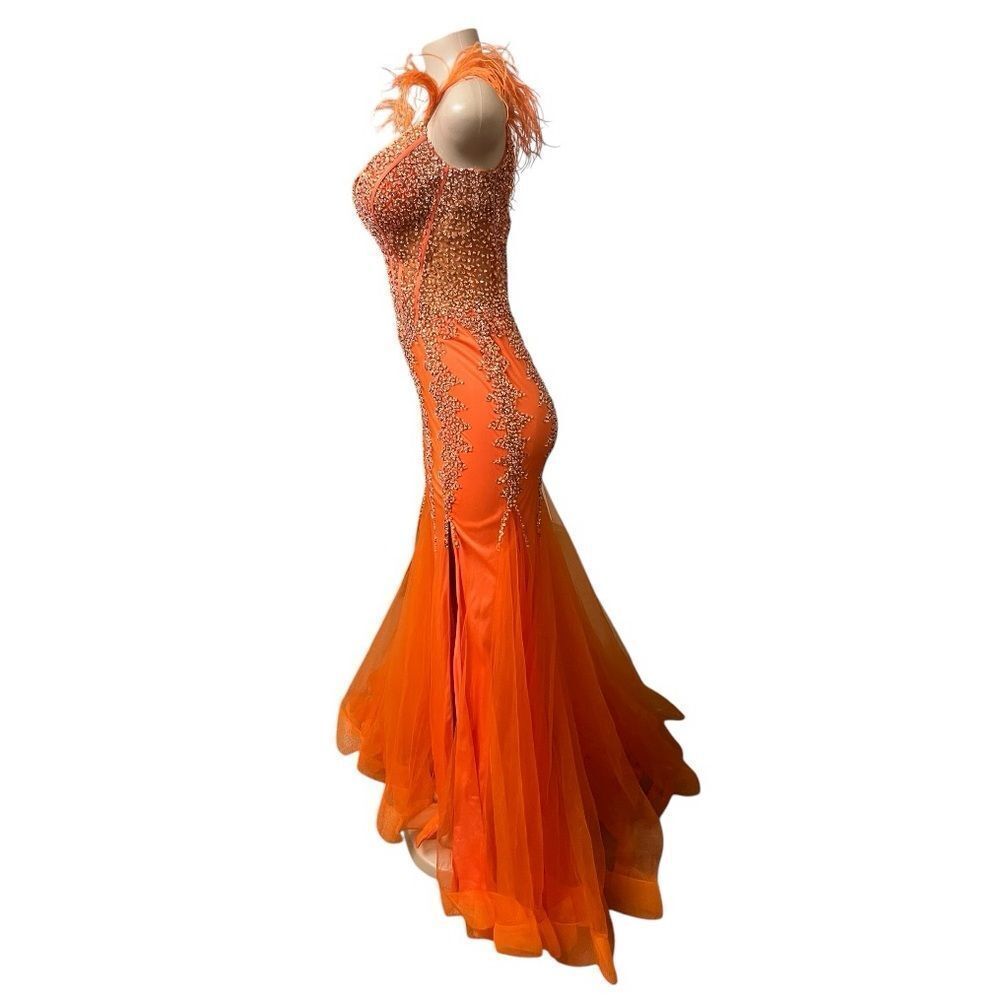 Jovani Vibrant Orange Feather-Trim Beaded Mermaid Gown - Picture 4 of 16